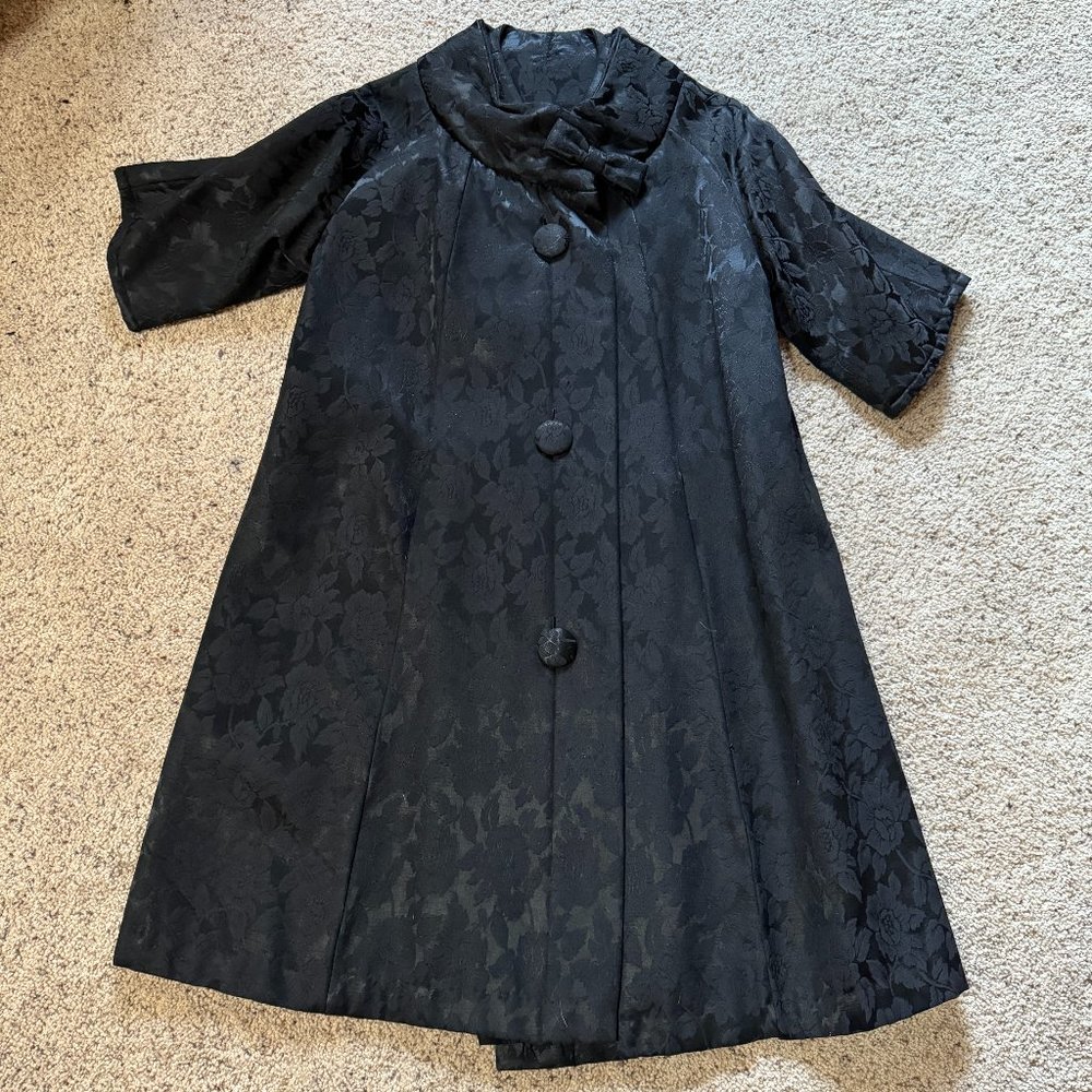 1960s Vintage Black Damask Evening Opera Dress Coat or Duster